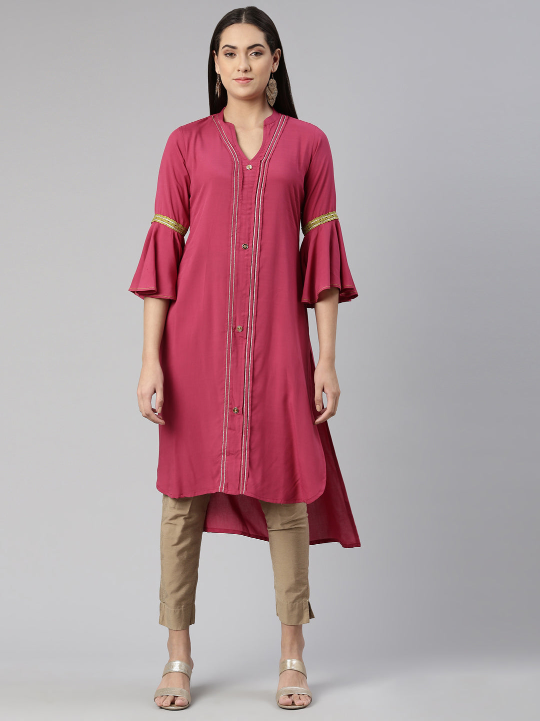 Neerus Maroon cotton solid kurta with mandarin collar - front view