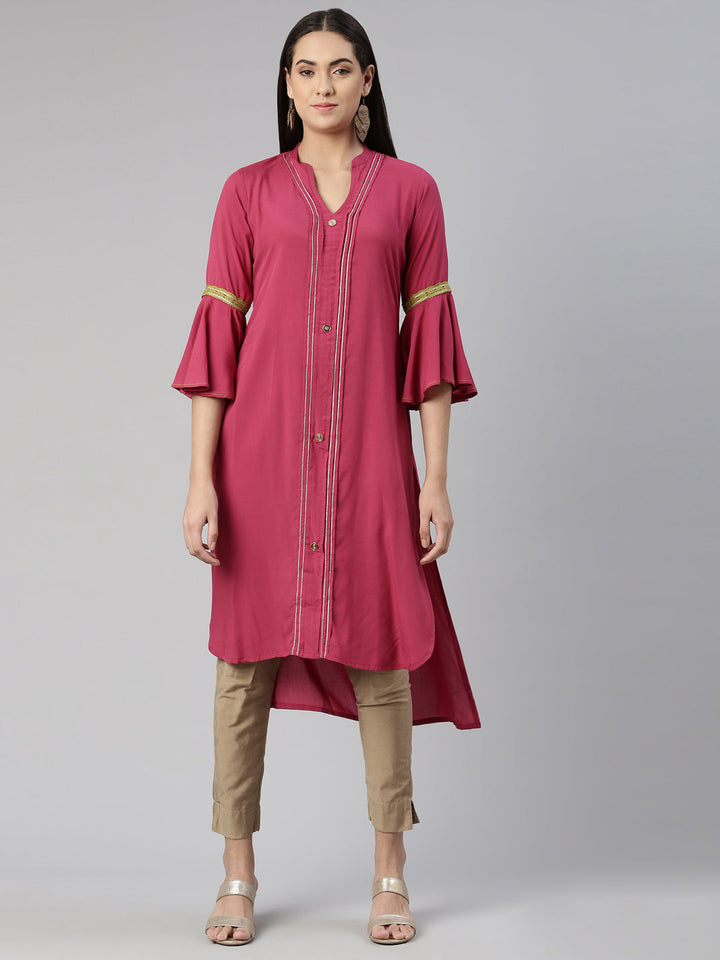 Neerus Maroon cotton solid kurta with mandarin collar - front view