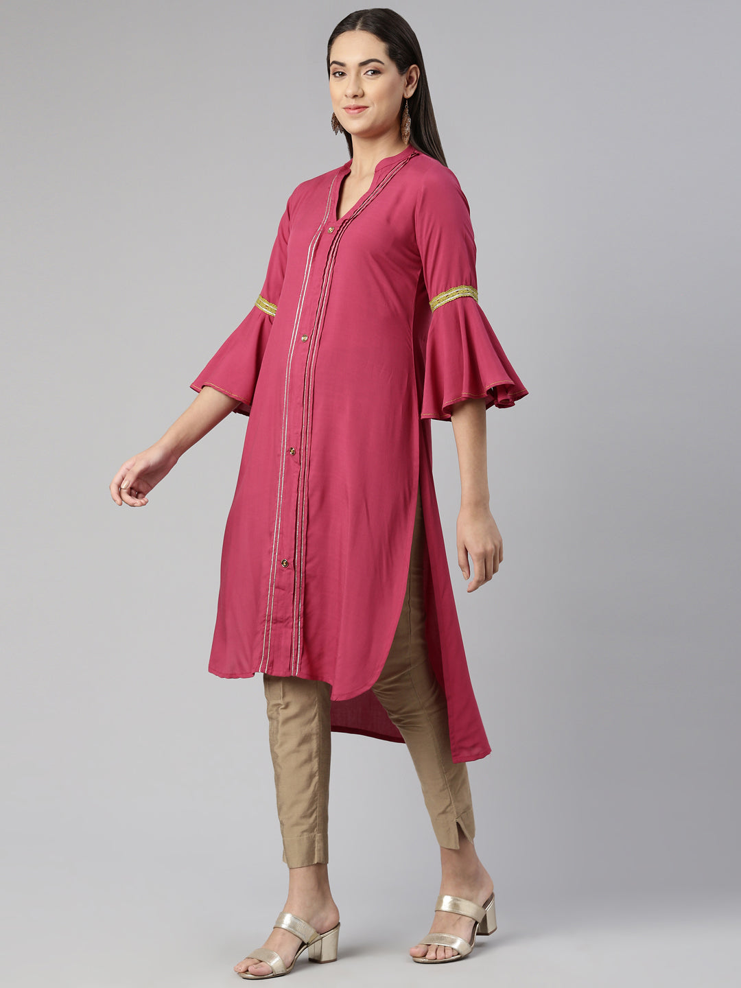 Neerus Maroon cotton solid kurta with mandarin collar - back view