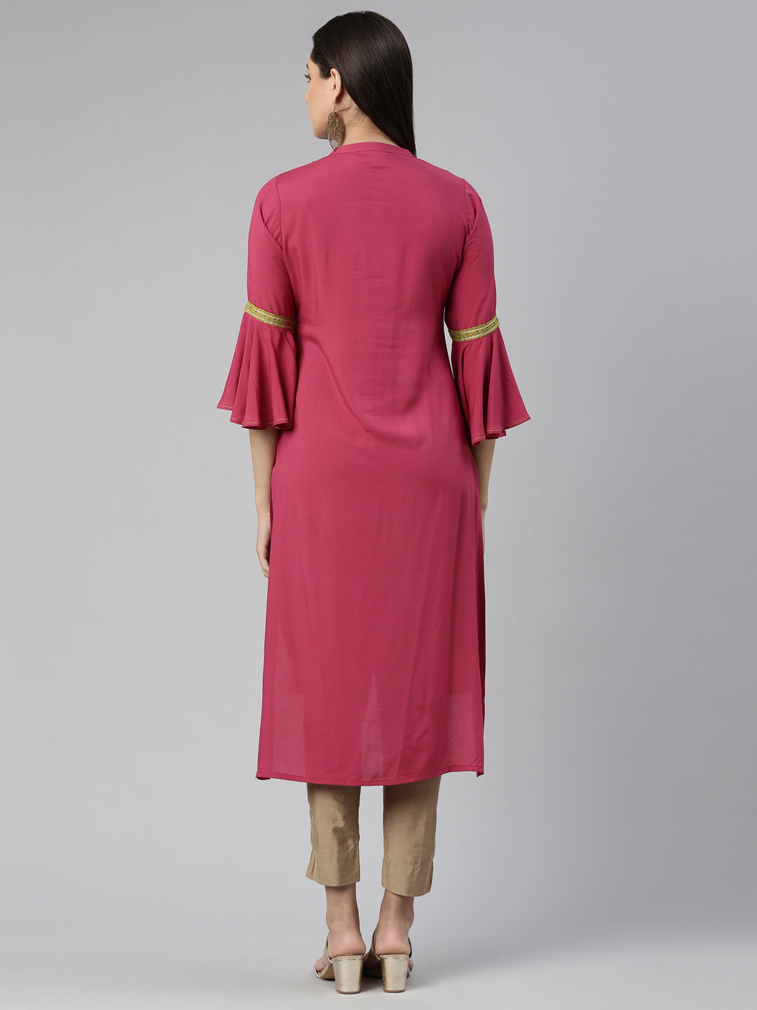 Neerus Maroon cotton solid kurta with mandarin collar - side view