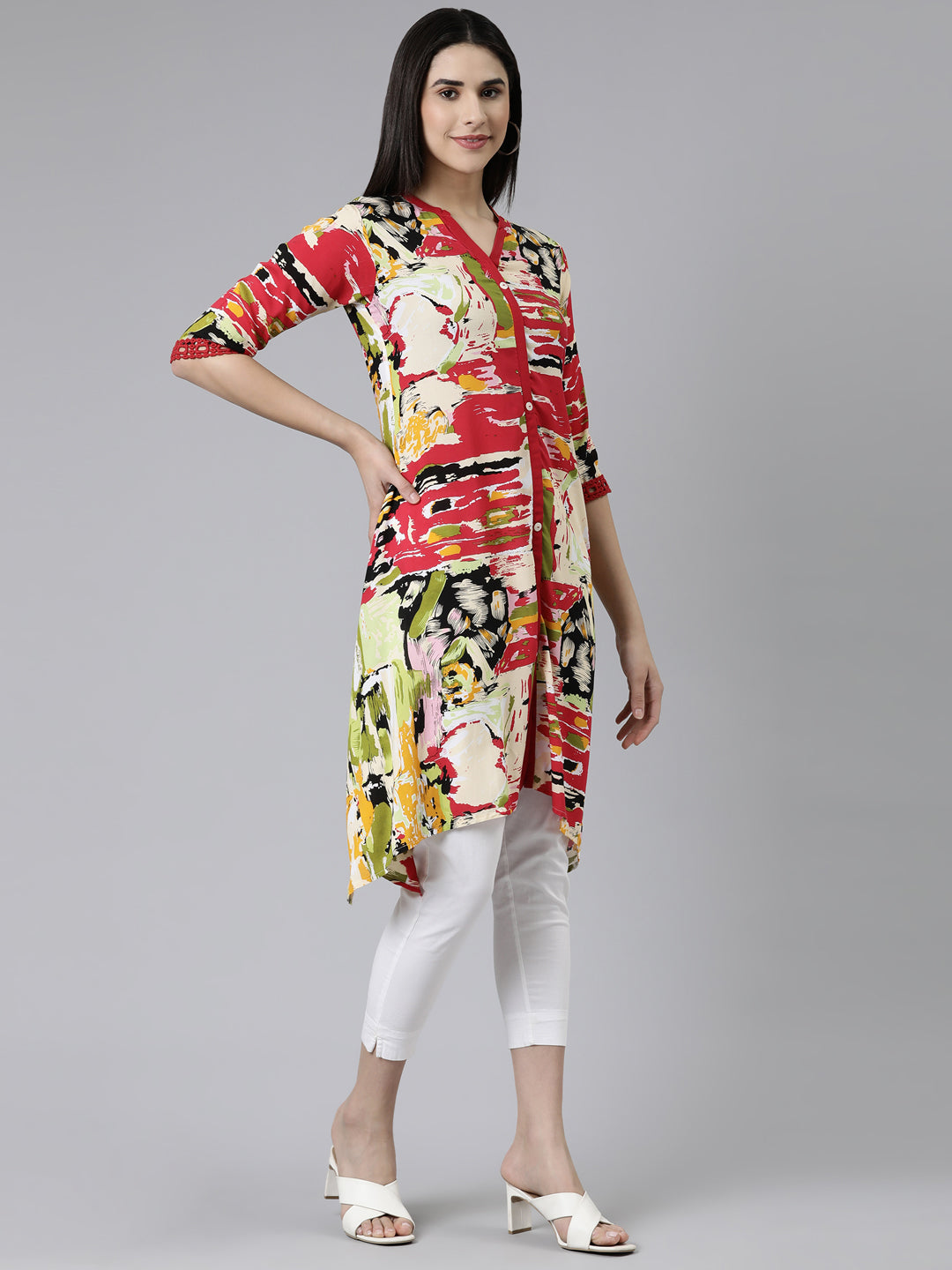 Neerus Multi cotton printed kurti mandarin collar A-line - back view