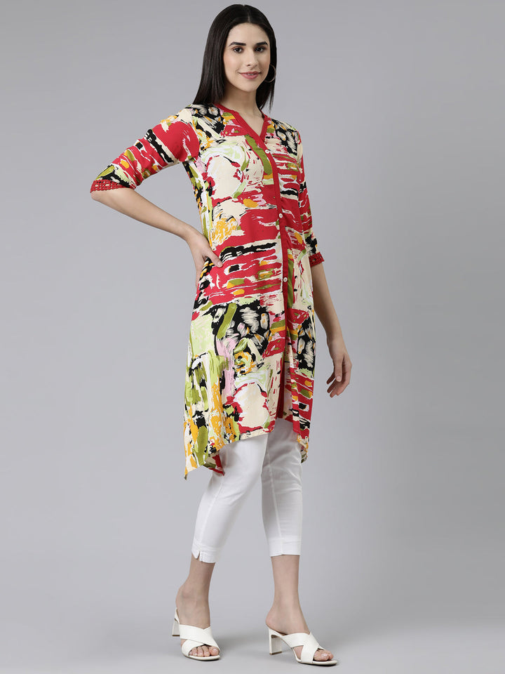 Neerus Multi cotton printed kurti mandarin collar A-line - back view