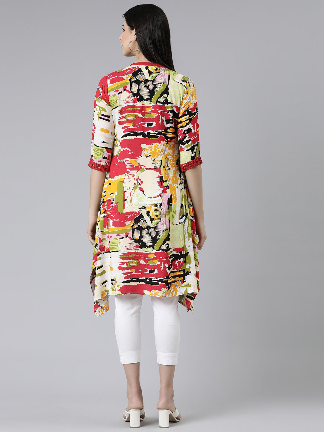 Neerus Multi cotton printed kurti mandarin collar A-line - side view