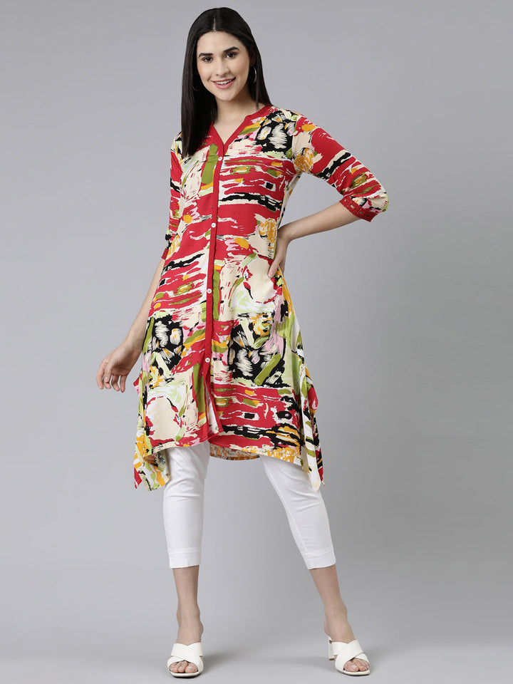 Neerus Multi cotton printed kurti mandarin collar A-line - front view