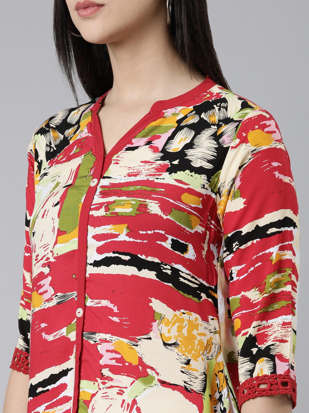 Neerus Multi cotton printed kurti mandarin collar A-line - detail view 1