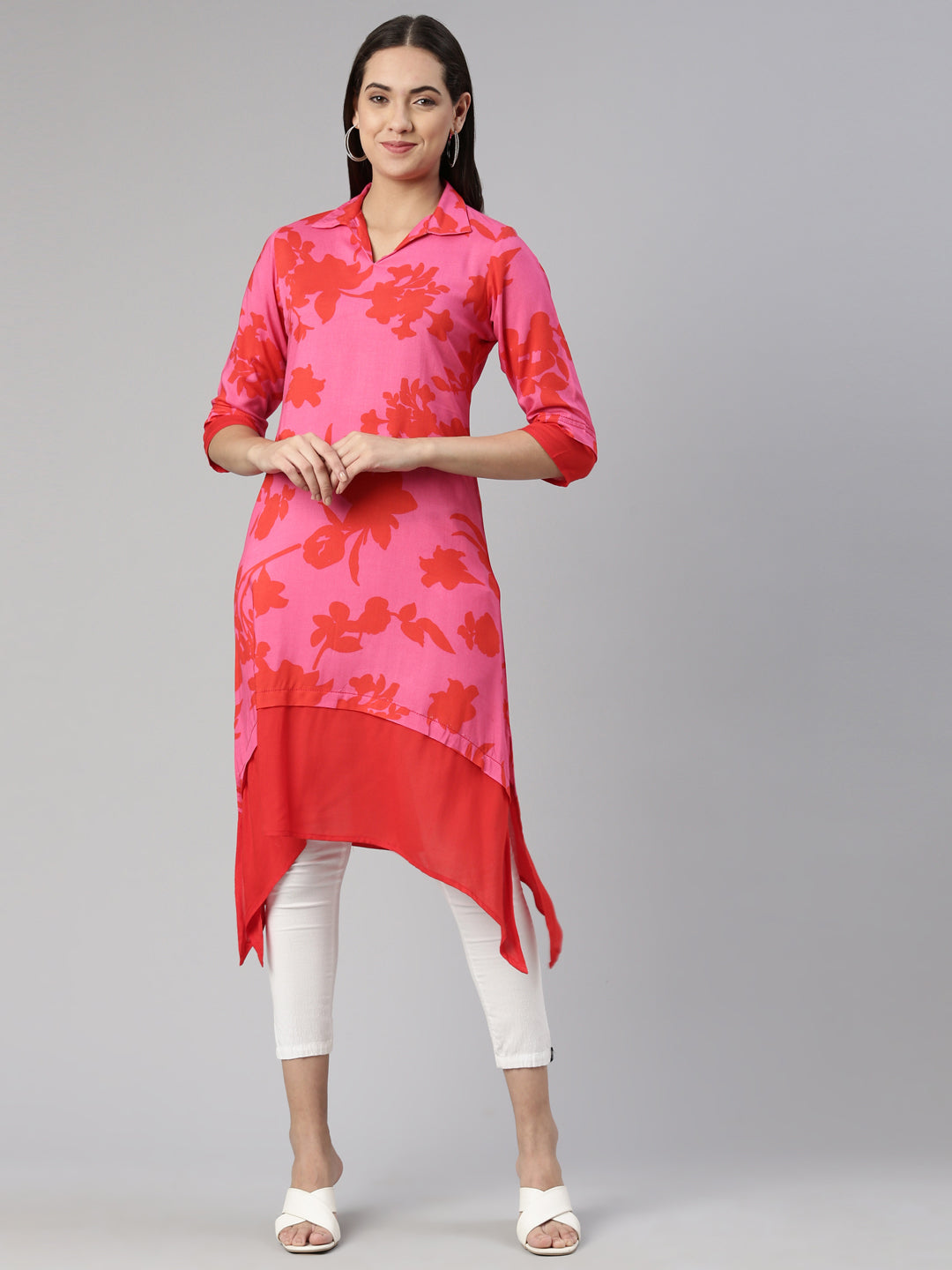 Neerus Pink rayon solid kurti - front view