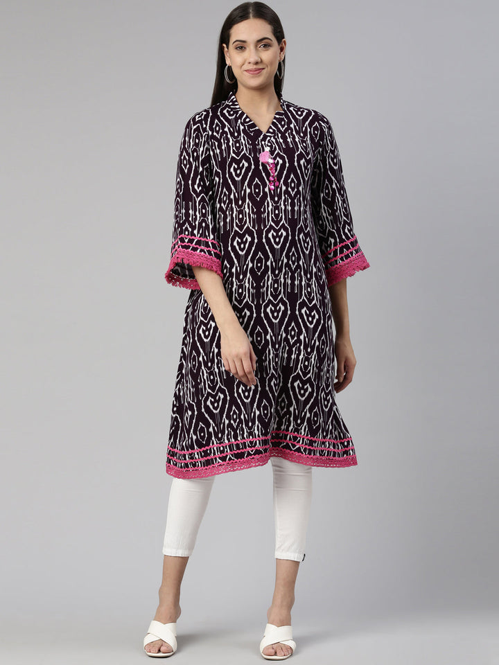 Neerus Purple cotton straight kurti - front view