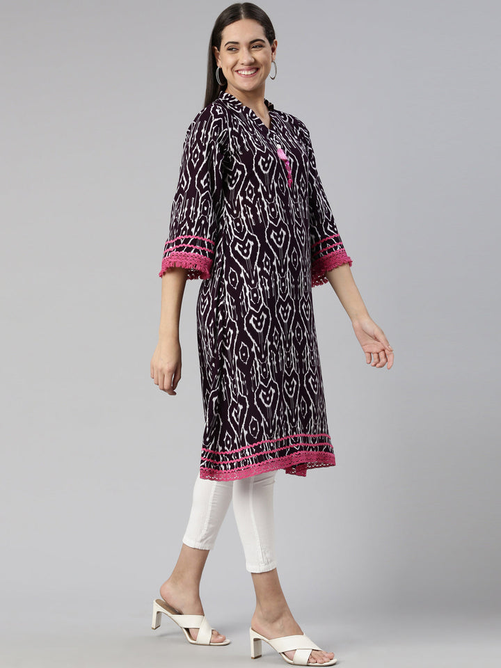 Neerus Purple cotton straight kurti - back view