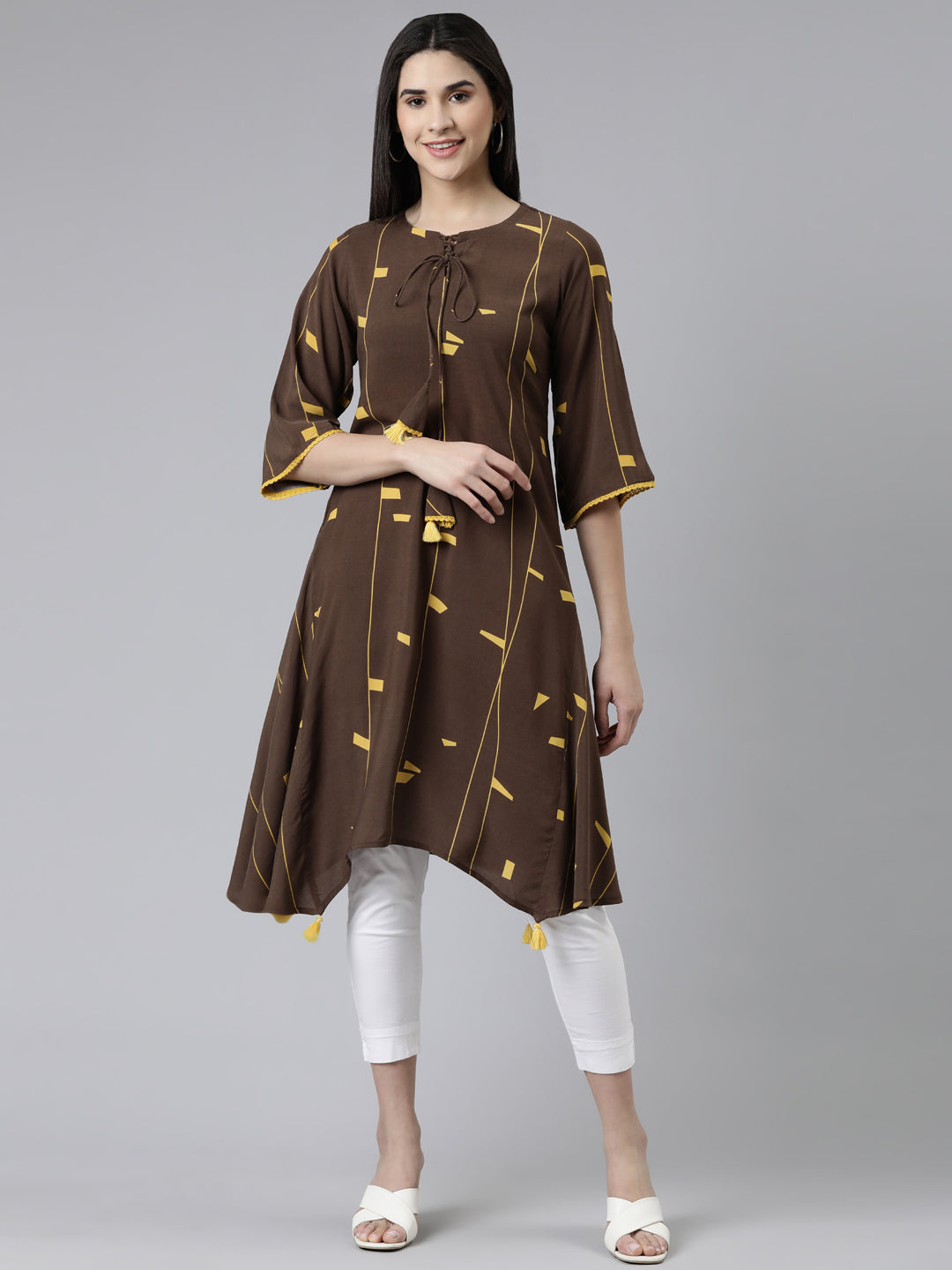Neerus Brown cotton printed kurti A-line silhouette - front view