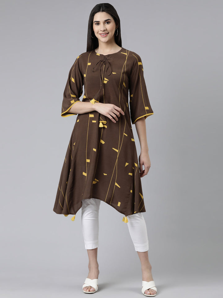 Neerus Brown cotton printed kurti A-line silhouette - front view
