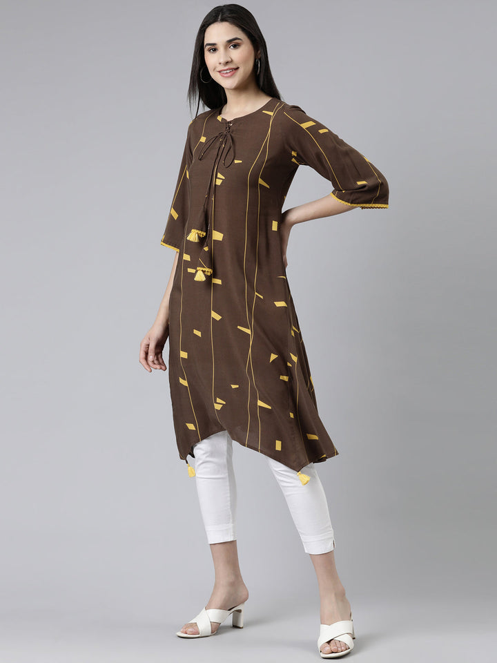 Neerus Brown cotton printed kurti A-line silhouette - back view