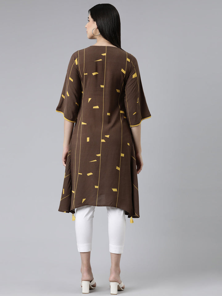 Neerus Brown cotton printed kurti A-line silhouette - side view