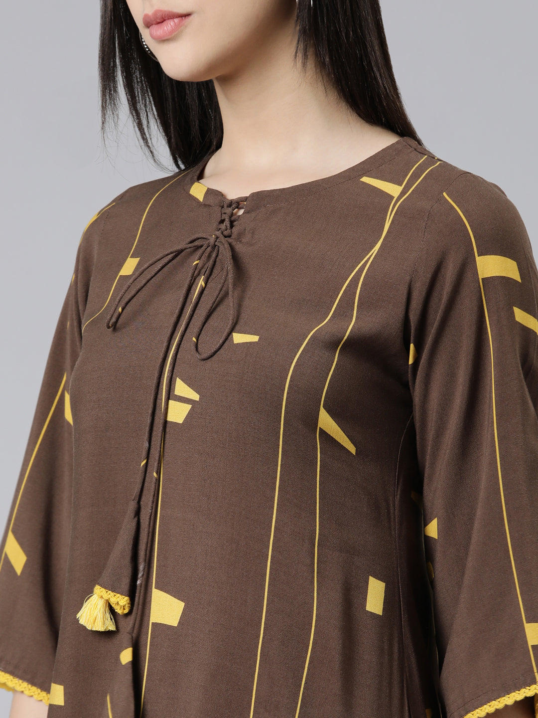 Neerus Brown cotton printed kurti A-line silhouette - detail view 1