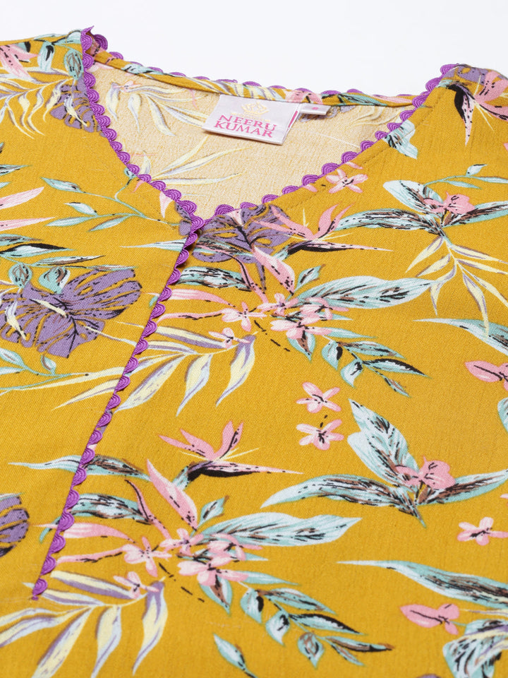 Neerus Yellow cotton printed A-line kurti - detail view 3