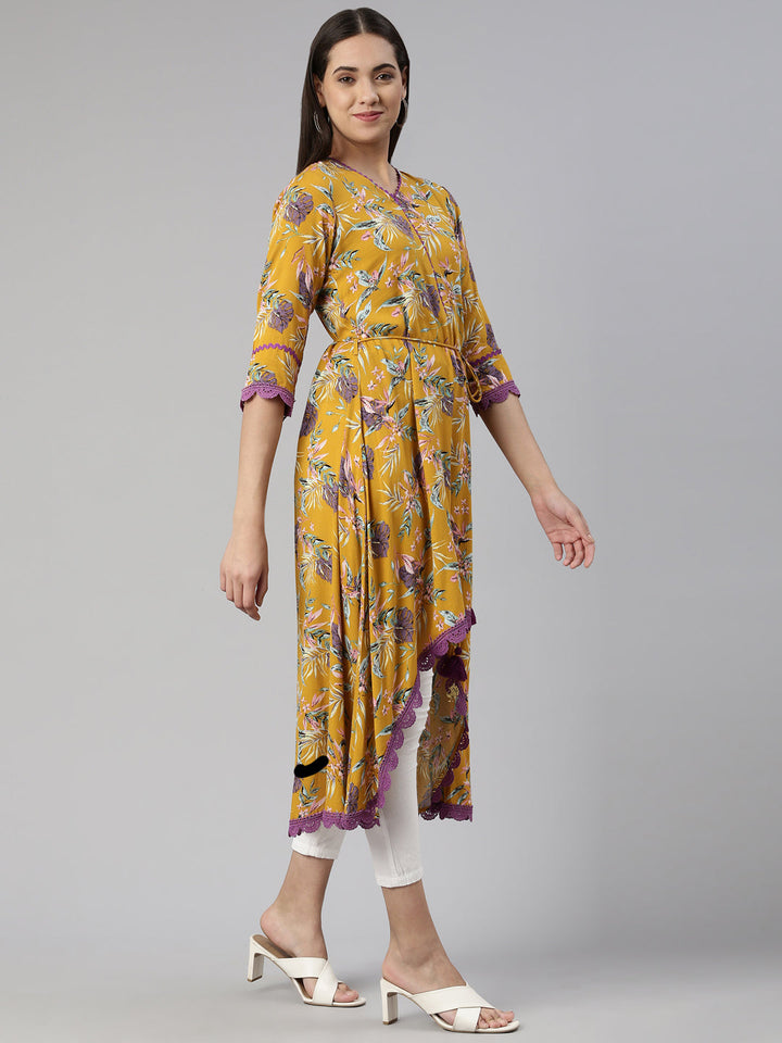 Neerus Yellow cotton printed A-line kurti - back view