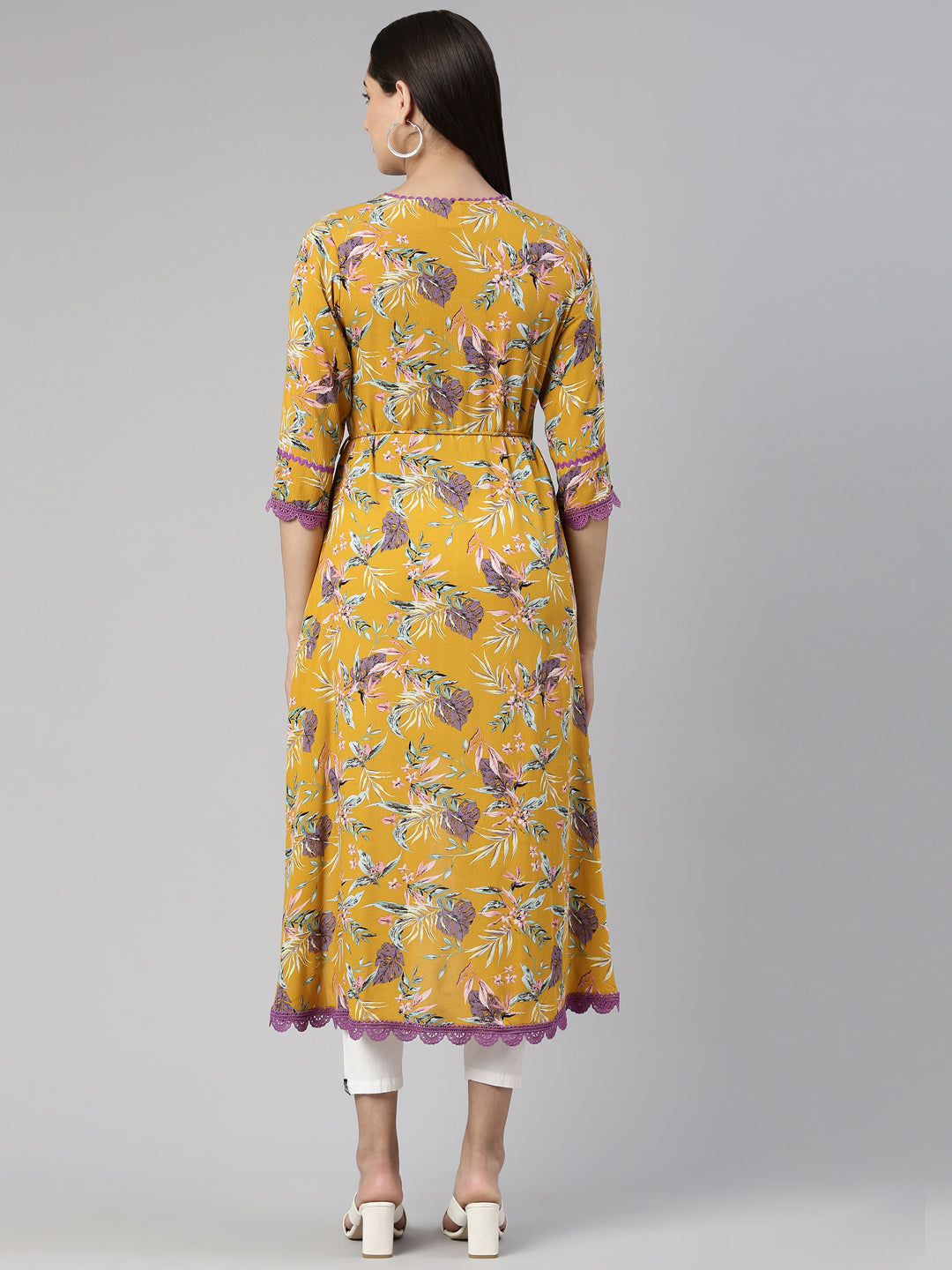 Neerus Yellow cotton printed A-line kurti - side view