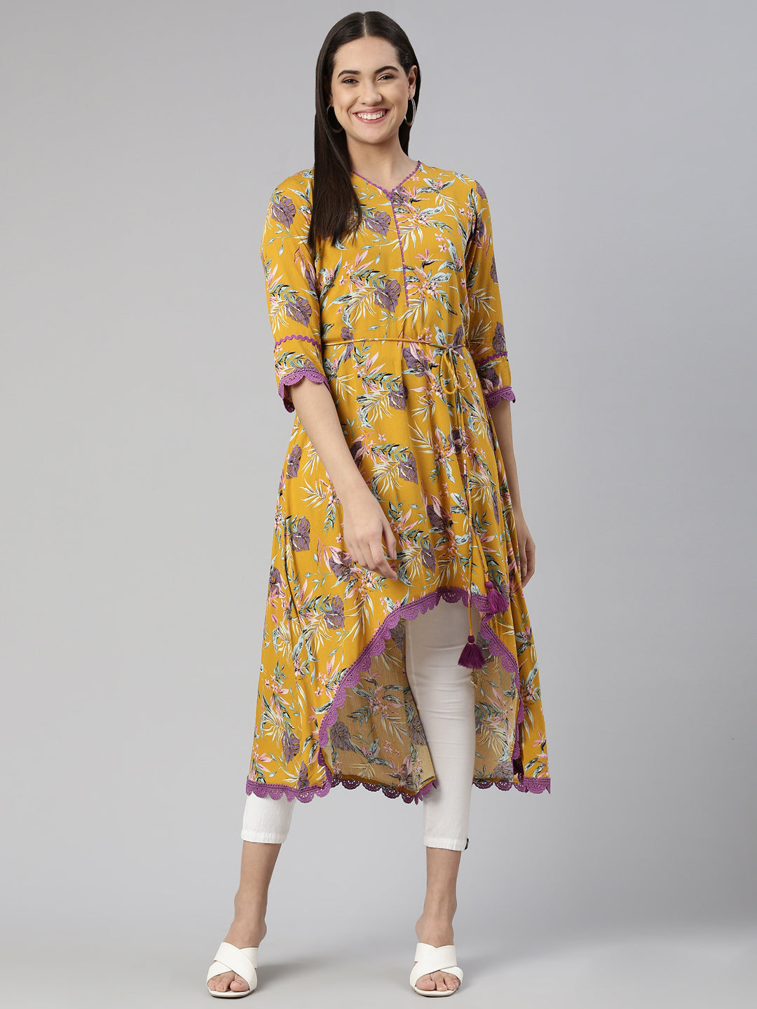 Neerus Yellow cotton printed A-line kurti - front view