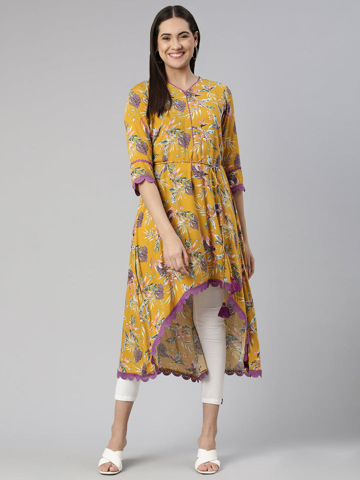 Neerus Yellow cotton printed A-line kurti - front view