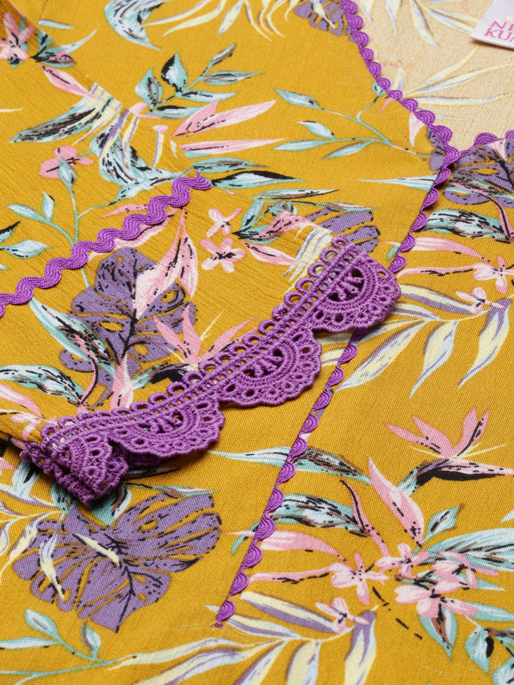 Neerus Yellow cotton printed A-line kurti - detail view 2
