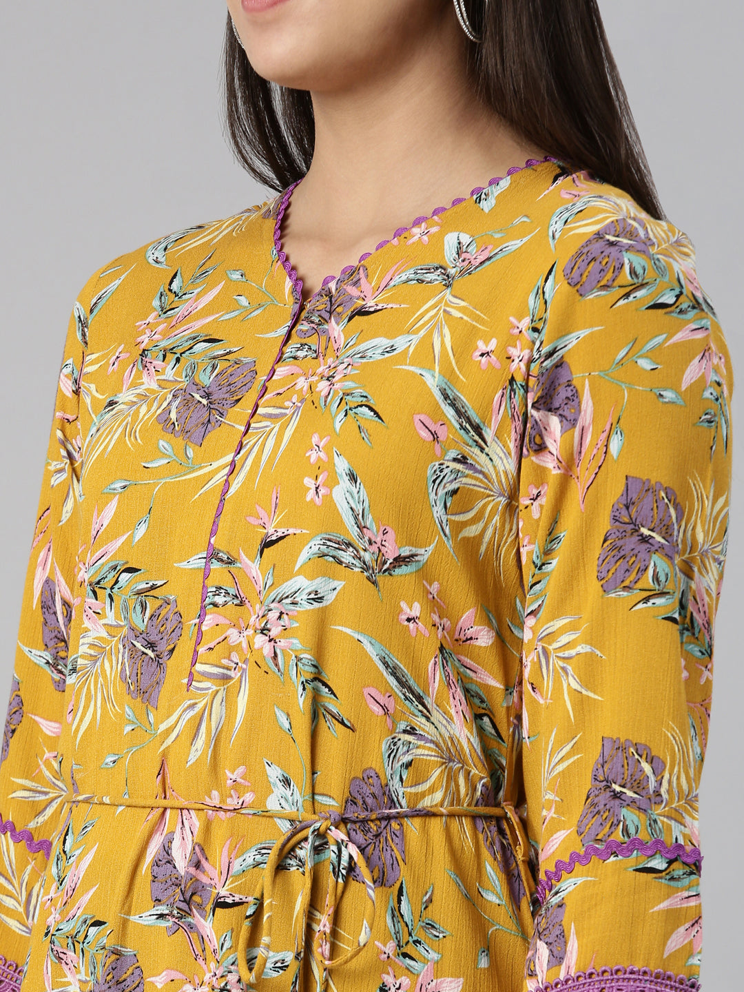 Neerus Yellow cotton printed A-line kurti - detail view 1