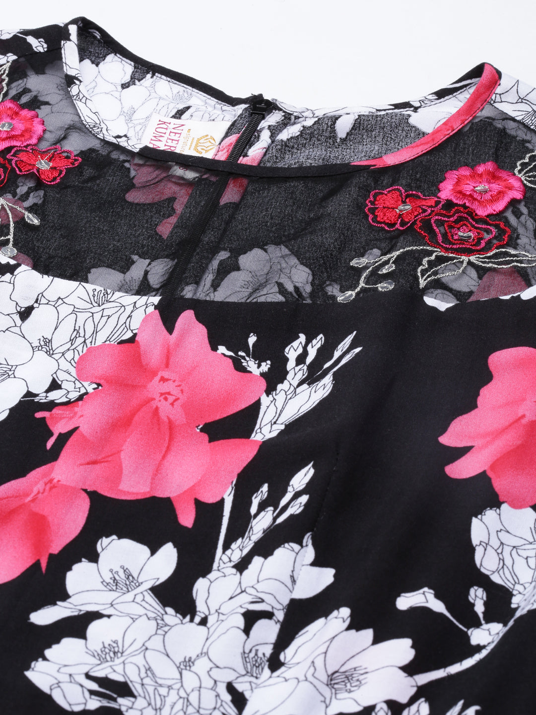 Neerus Black polyester printed anarkali dress - detail view 2