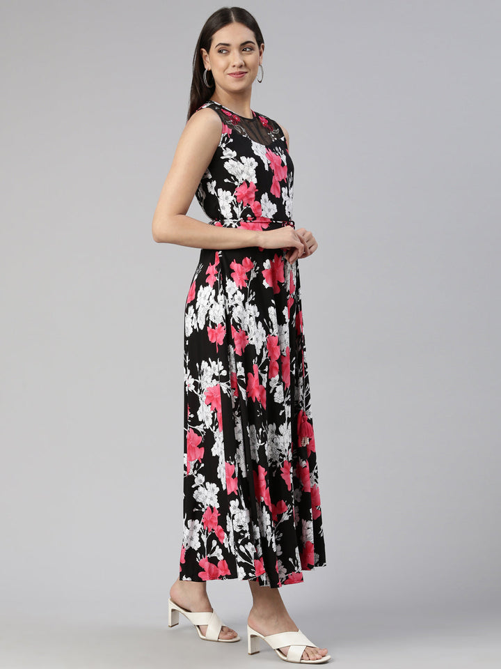 Neerus Black polyester printed anarkali dress - back view