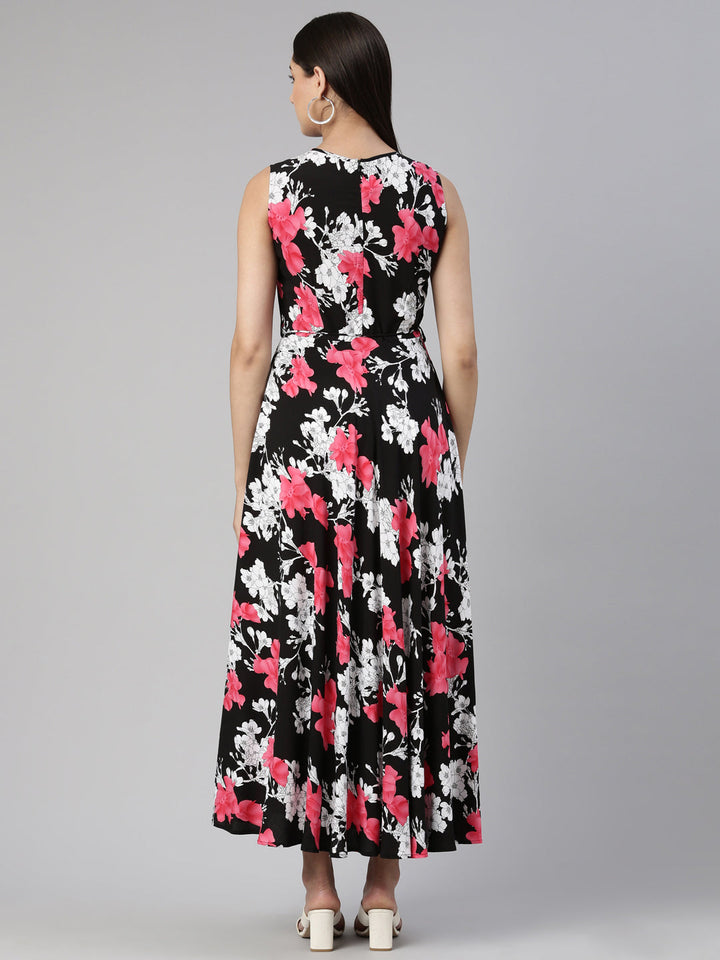 Neerus Black polyester printed anarkali dress - side view