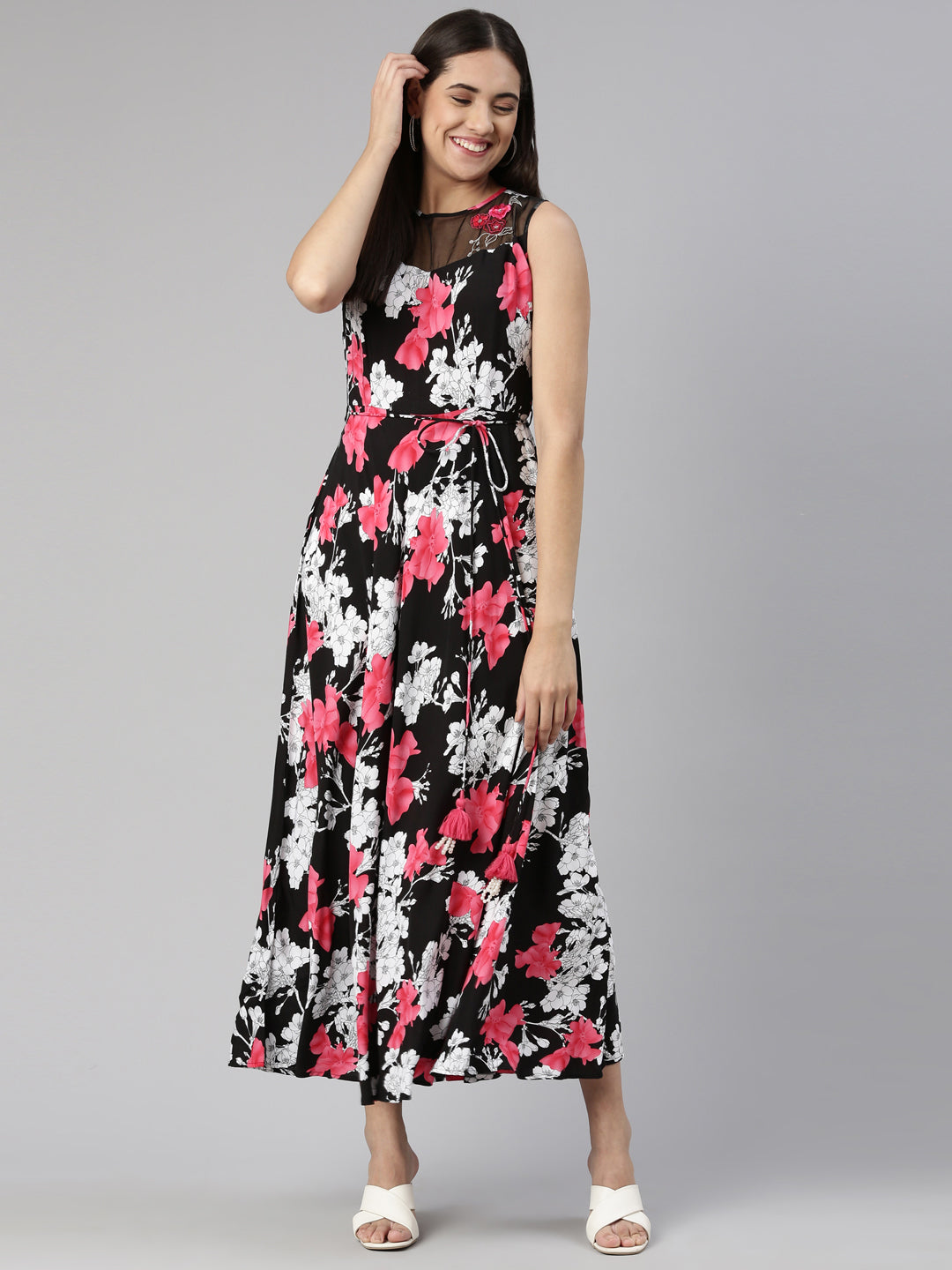 Neerus Black polyester printed anarkali dress - front view