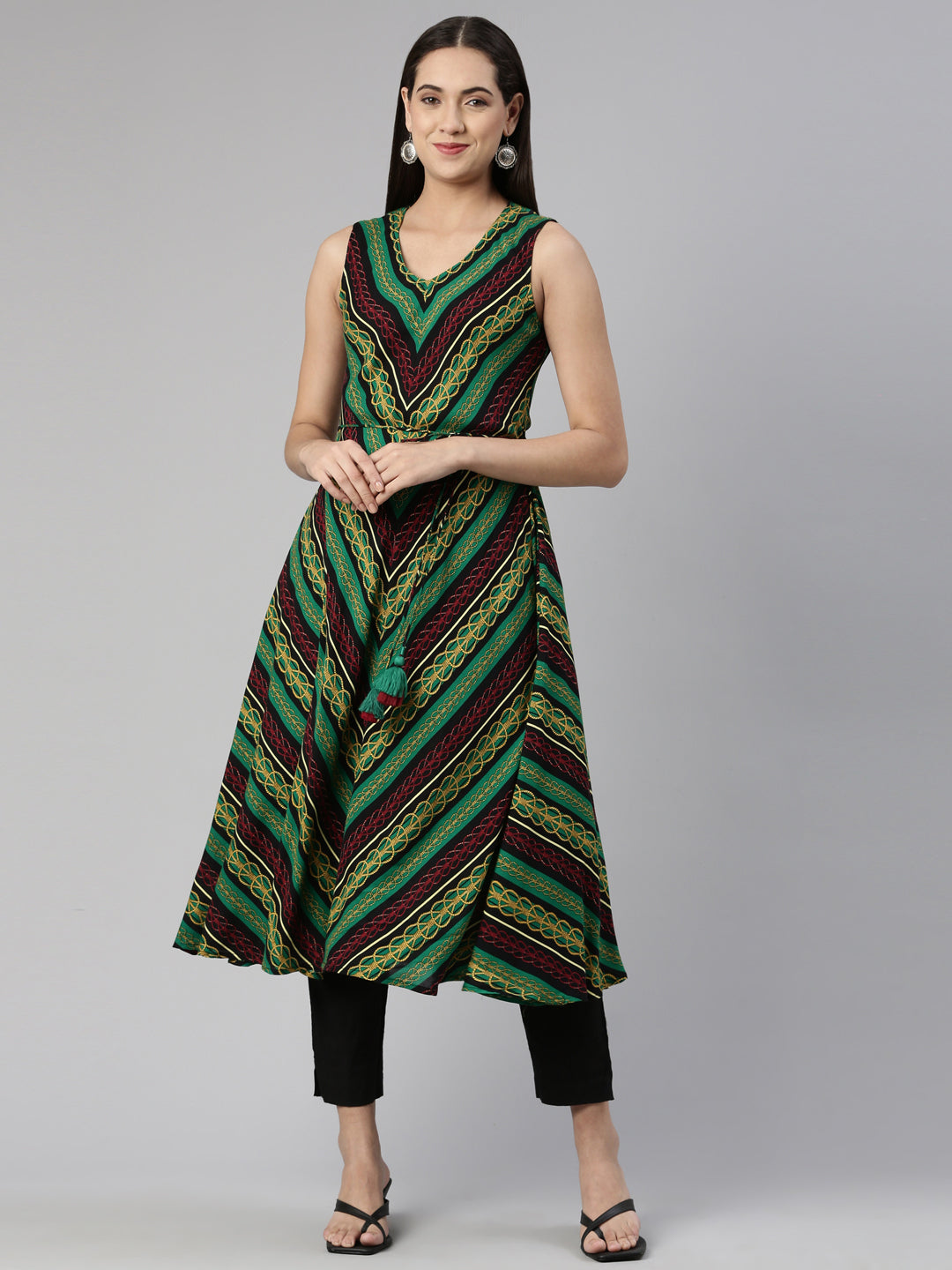Neerus Multi cotton chevron printed kurti - front view
