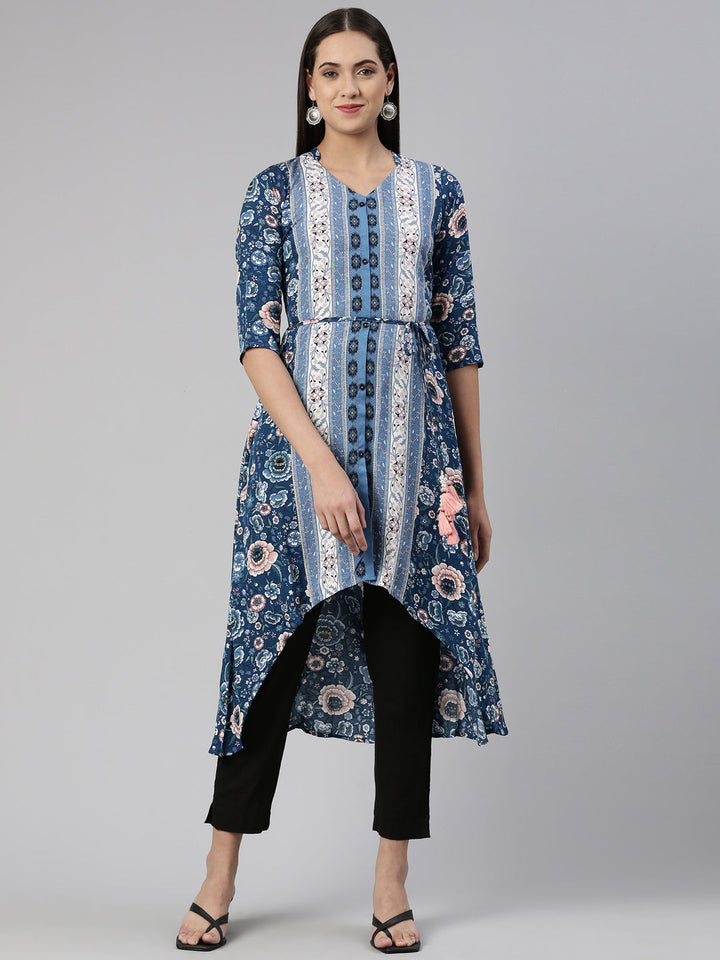 Neerus Blue cotton solid curved kurta - front view