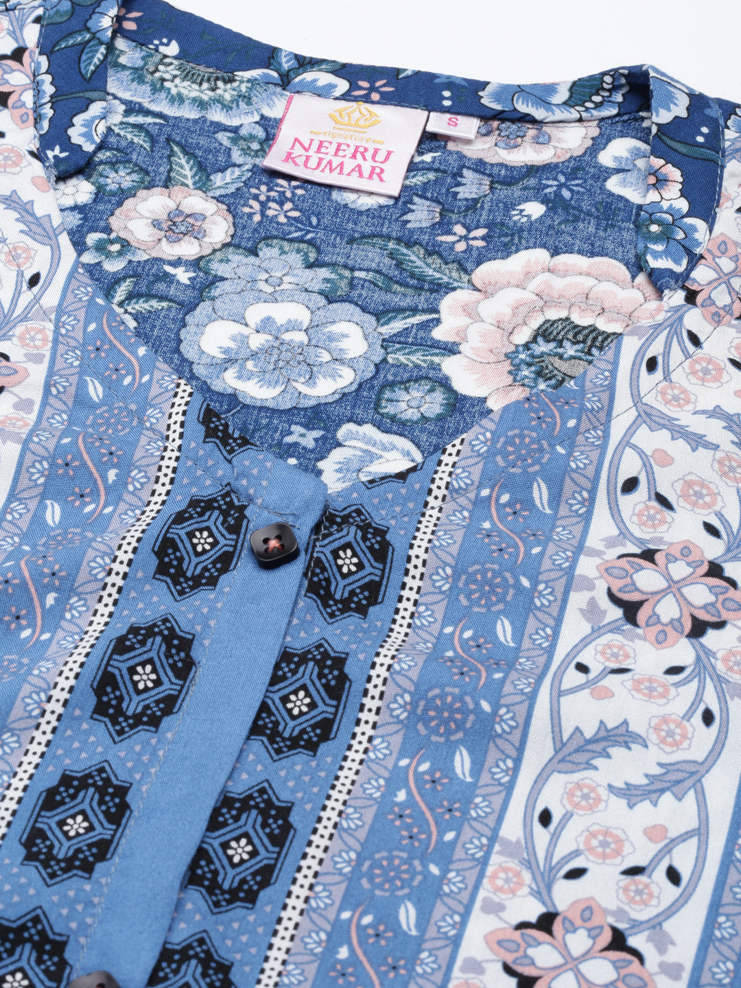 Neerus Blue cotton solid curved kurta - detail view 2