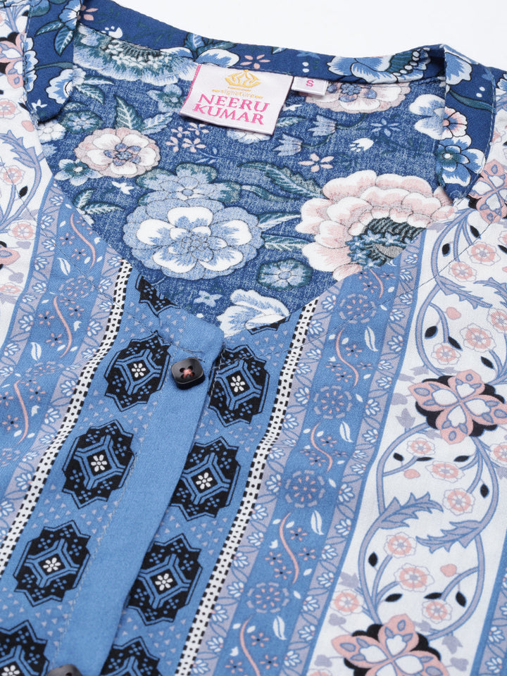 Neerus Blue cotton solid curved kurta - detail view 2
