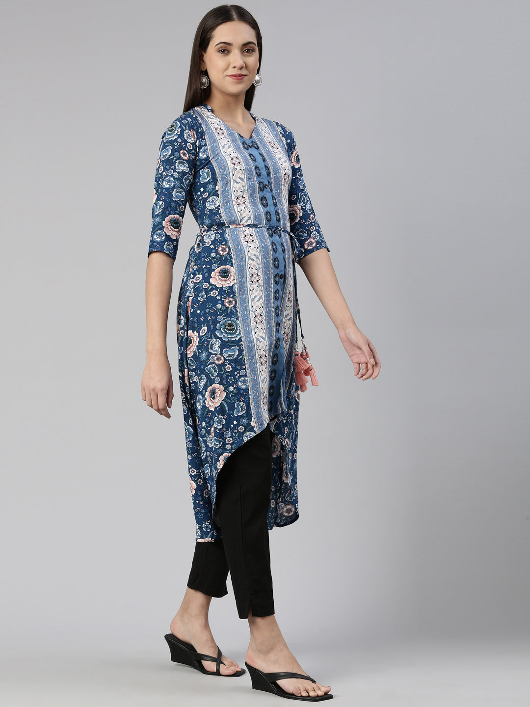 Neerus Blue cotton solid curved kurta - back view