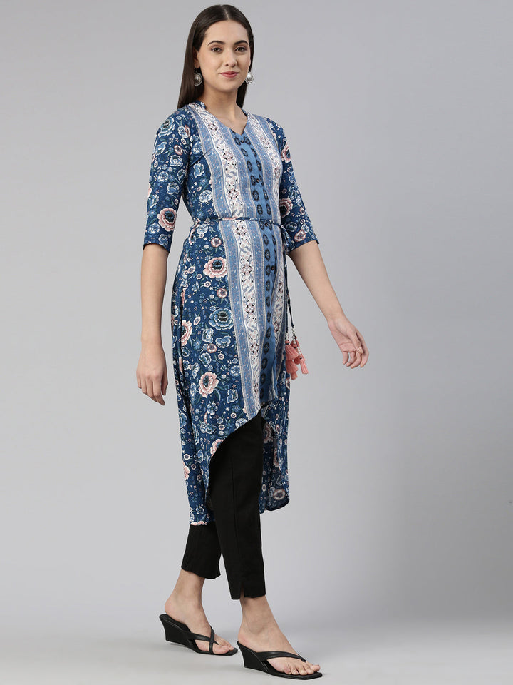 Neerus Blue cotton solid curved kurta - back view