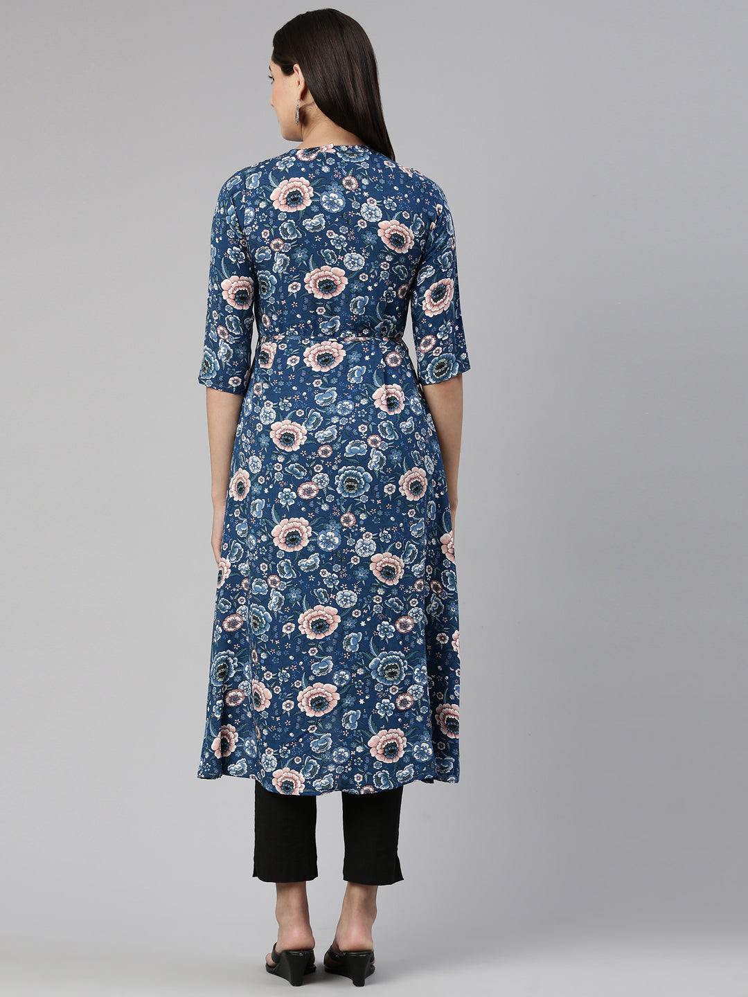 Neerus Blue cotton solid curved kurta - side view