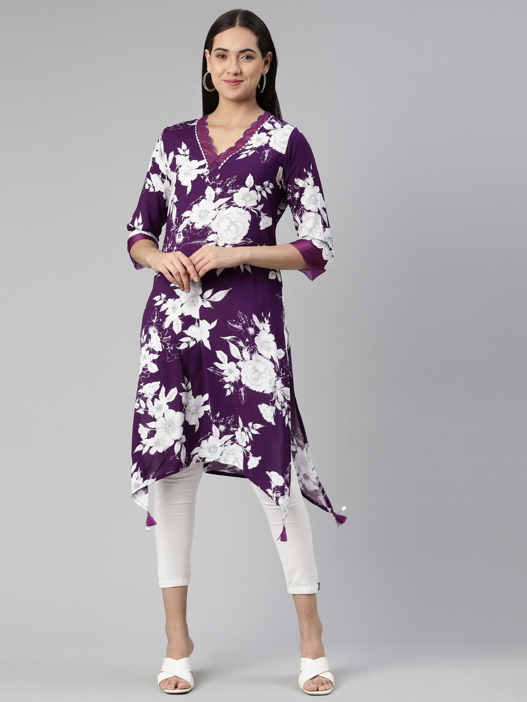 Neerus Purple crepe printed kurta A-line asymmetric - front view