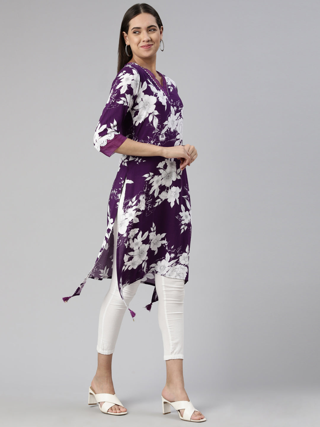 Neerus Purple crepe printed kurta A-line asymmetric - back view