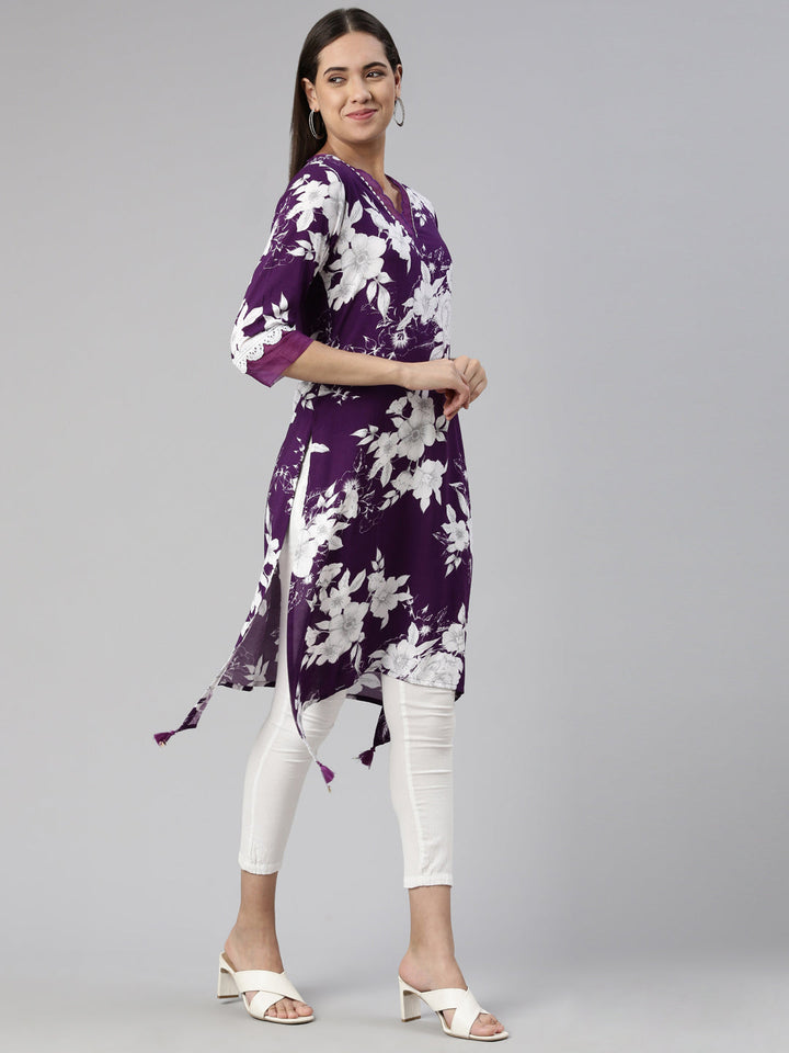 Neerus Purple crepe printed kurta A-line asymmetric - back view