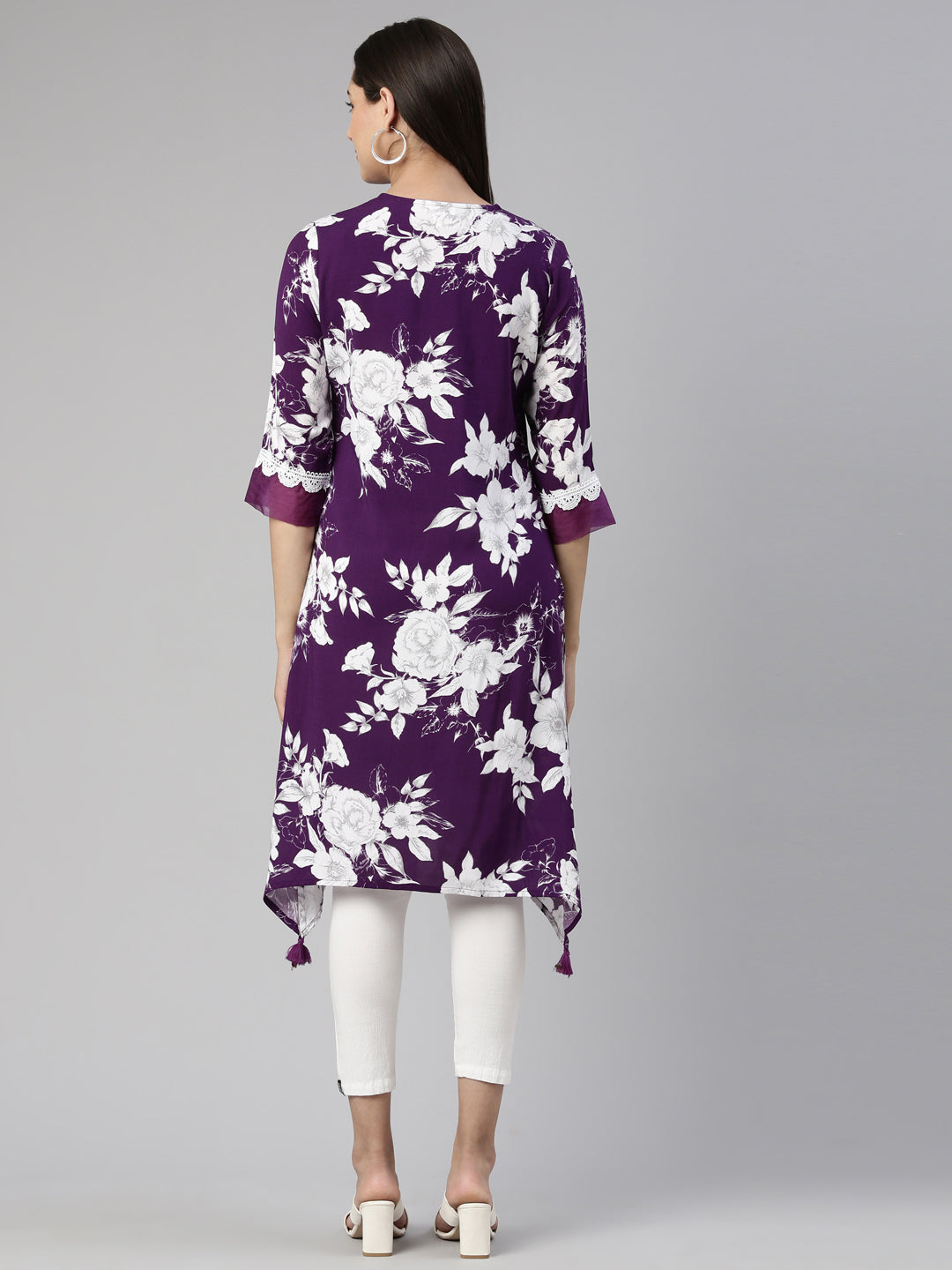 Neerus Purple crepe printed kurta A-line asymmetric - side view