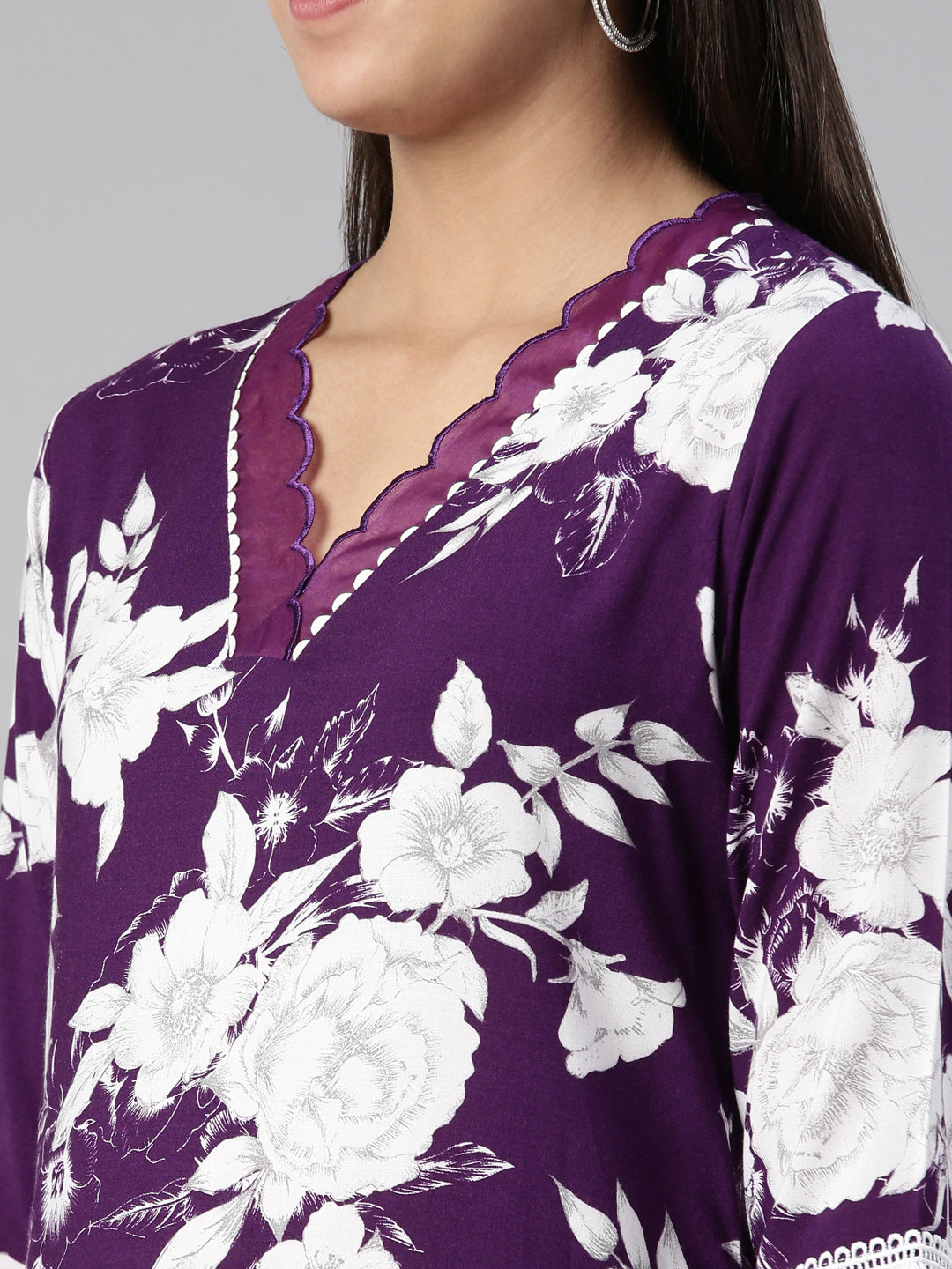 Neerus Purple crepe printed kurta A-line asymmetric - detail view 1