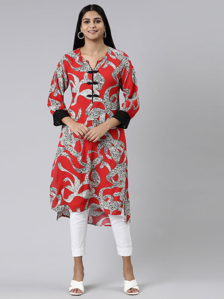 Neerus Red viscose rayon printed high-low kurti - front view