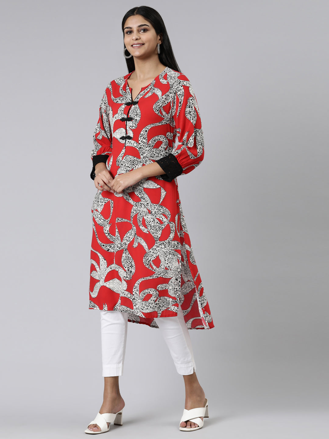 Neerus Red viscose rayon printed high-low kurti - back view