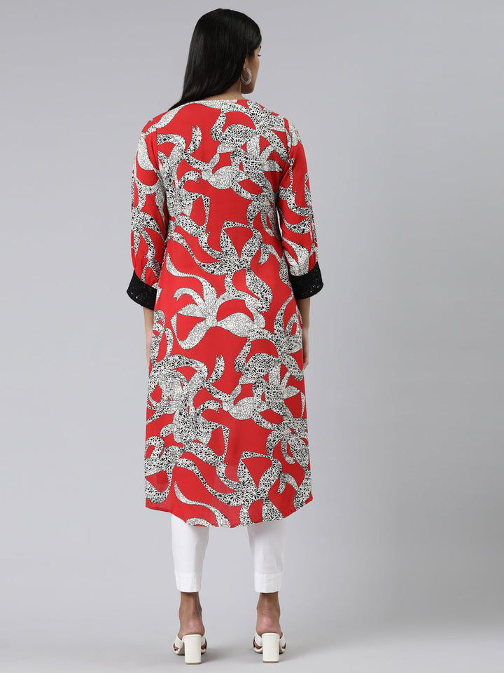 Neerus Red viscose rayon printed high-low kurti - side view
