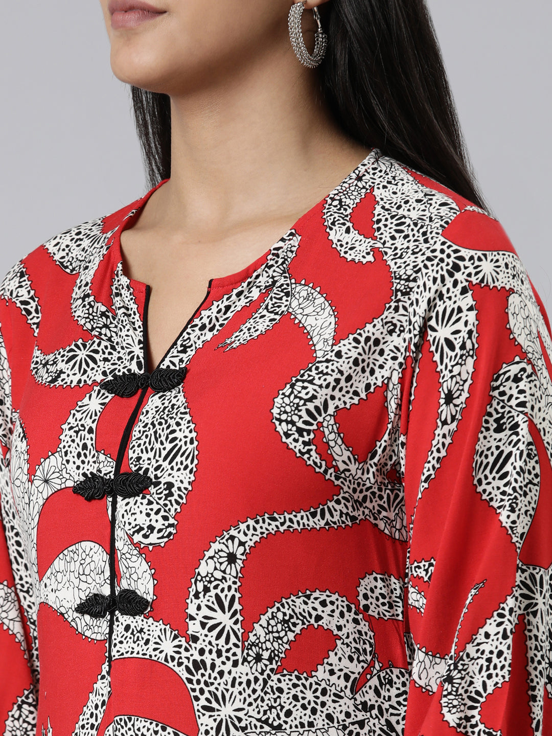 Neerus Red viscose rayon printed high-low kurti - detail view 2