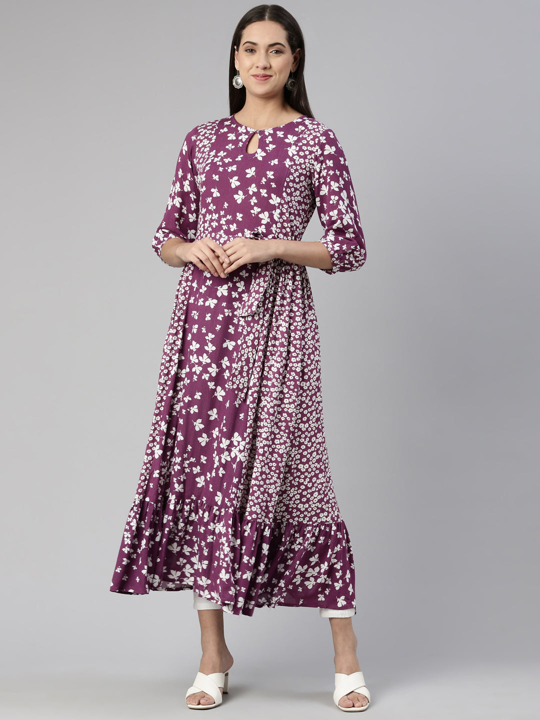 Neerus Purple chiffon printed A-line midi dress - front view