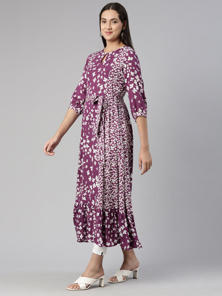 Neerus Purple chiffon printed A-line midi dress - back view