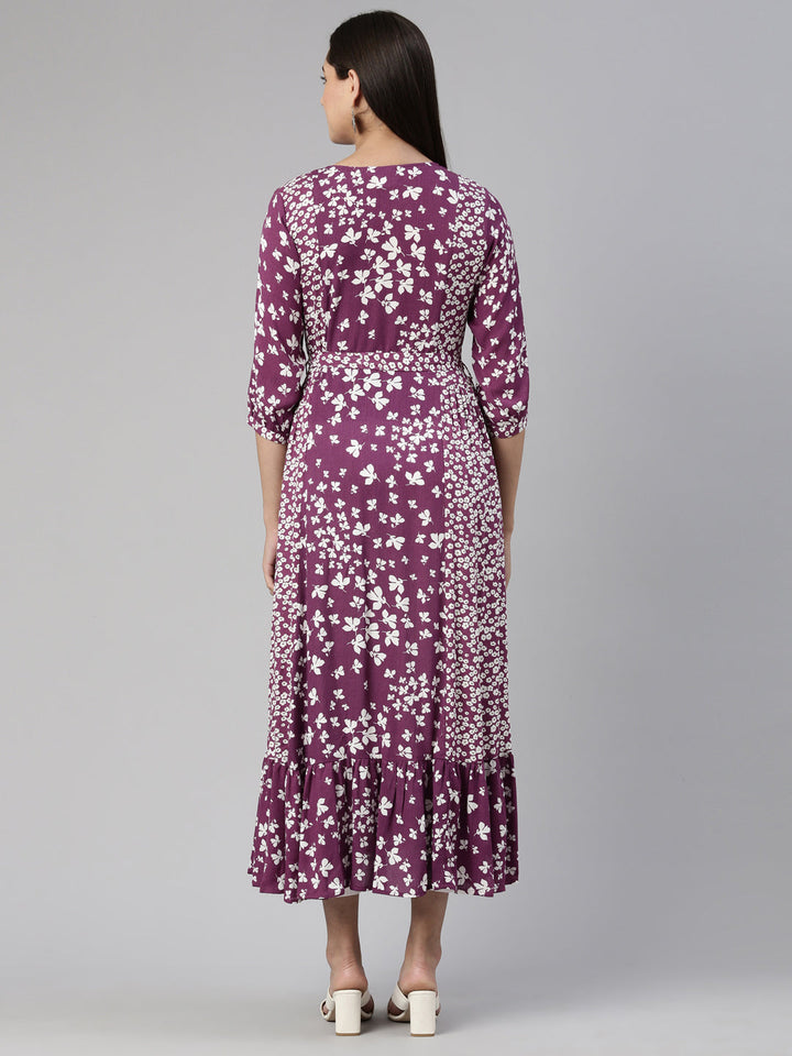 Neerus Purple chiffon printed A-line midi dress - side view