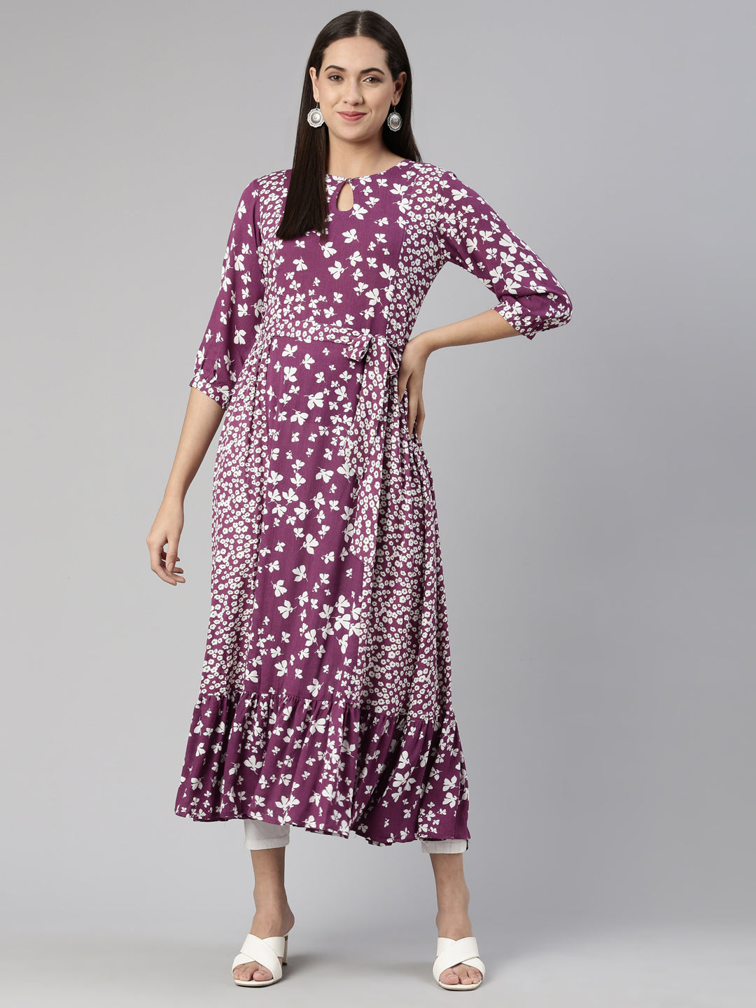 Neerus Purple chiffon printed A-line midi dress - detail view 2
