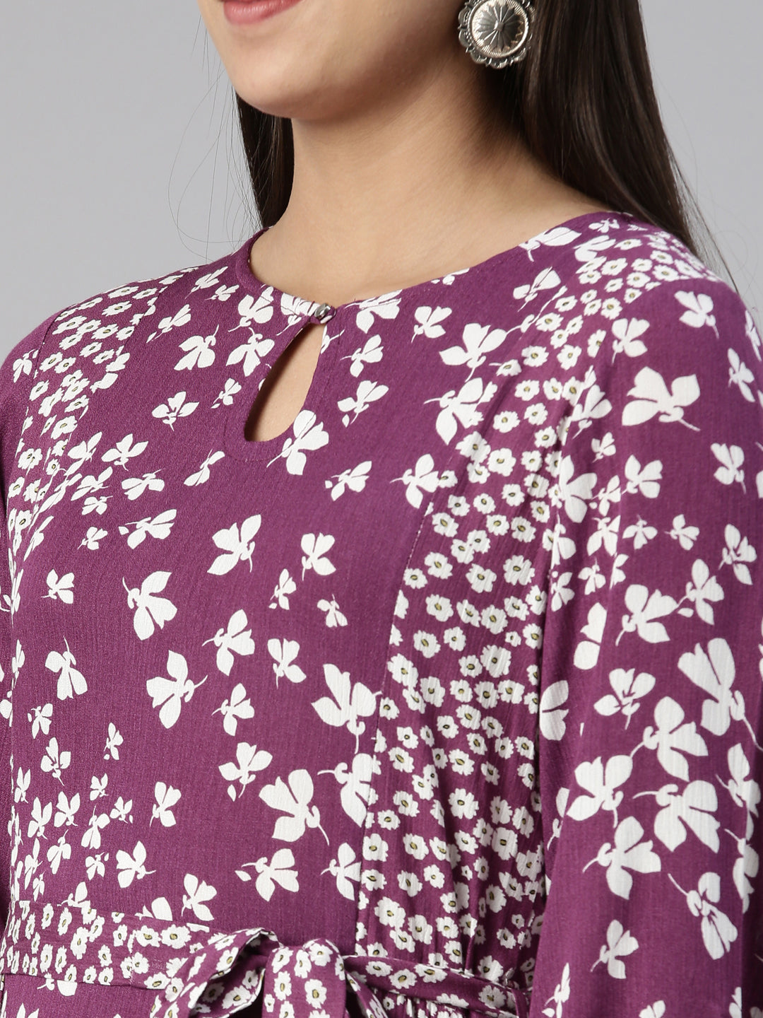 Neerus Purple chiffon printed A-line midi dress - detail view 1