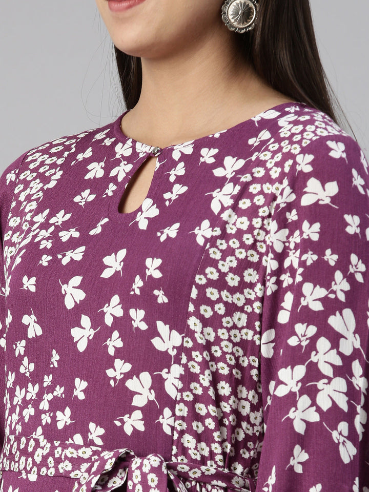 Neerus Purple chiffon printed A-line midi dress - detail view 1